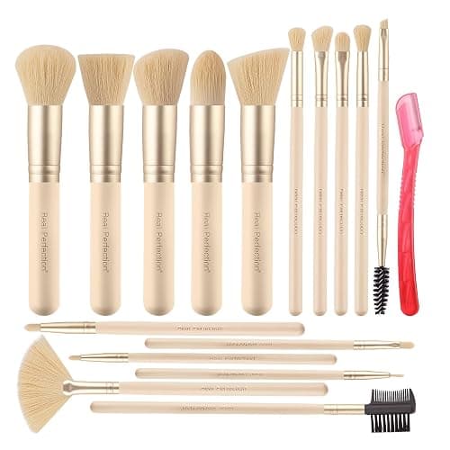 Real Perfection Makeup Brush Set 16 Pcs with 1 Eyebrow Razor Premium Synthetic Foundation Powder Concealers Eyeshadow Blush Makeup Brushes Make up Brushes Kit (Beige) - Image 1