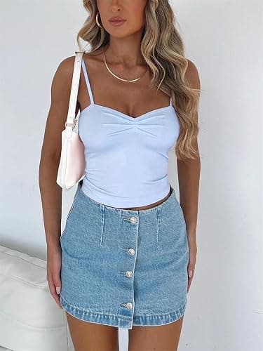 ForeFair Women Y2K Sweetheart Neck Sleeveless Crop Tank Tops Backless Spaghetti Strap Pleated Bustier Camis Going Out Top thumbnail 3