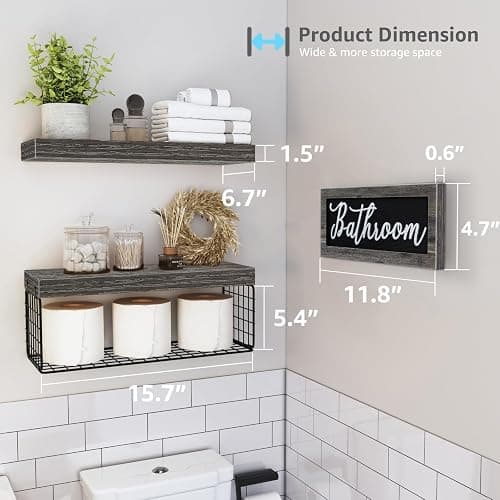 QEEIG ‎Bathroom Shelves Over Toilet - Paper Storage Wall Mounted Farmhouse Decor Decorations Aesthetic Décor Sign Small Floating Shelf 2+1 Set 16 inch, Grey (020GY) - D. Grey thumbnail 3