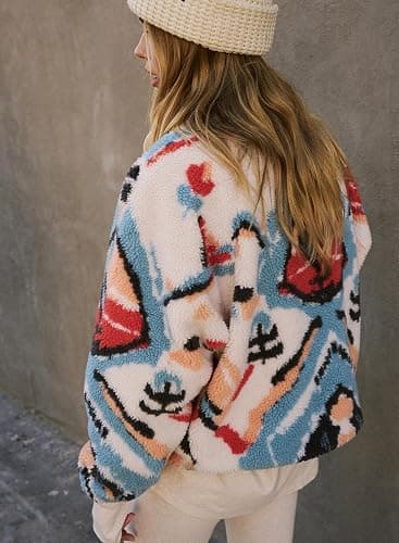 Kumufenc Printed Sherpa Jacket for Women Long Sleeve Button Down Fuzzy Fleece Coat Y2K Outerwear with Pockets thumbnail 5