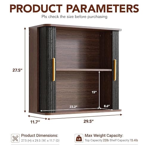 Furnaza Laundry Room Wall Cabinet with Fluted Sliding Door, 29.5" W Bathroom Medicine Cabinet with Adjustable Shelf, Wall Mounted Storage Cabinet for Living Room Kitchen, 11.7" D x 29.5" W x 27.68" H thumbnail 3