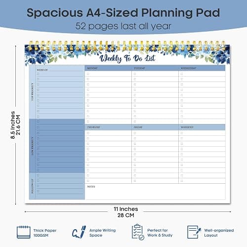 Taja Weekly To Do List Notepad with 52 Undated Sheets（8.5"×11"）- Weekly Desk Planner for Women & Man, Work and Home - 1 Pack Azure Bloom thumbnail 2