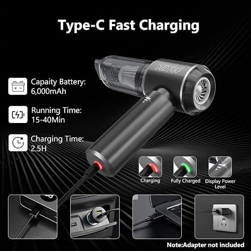 HRYCF Car Vacuum Cordless, Mini Portable Vacuum Cordless for Car, 4-in-1 20000PA High Power Portable Rechargeable Vacuum Cleaner with Brushless Motor, Small Handheld Vacuum & Air Blower & Pump-Grey thumbnail 5
