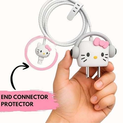 EMOH ROCED Cute Cartoon 3-in-1 20 W Charger Cover Compatible with iPhone Adapter – Compact, Durable, Portable & Protective Case with Cable Protector (White Kitty Headphone) thumbnail 3