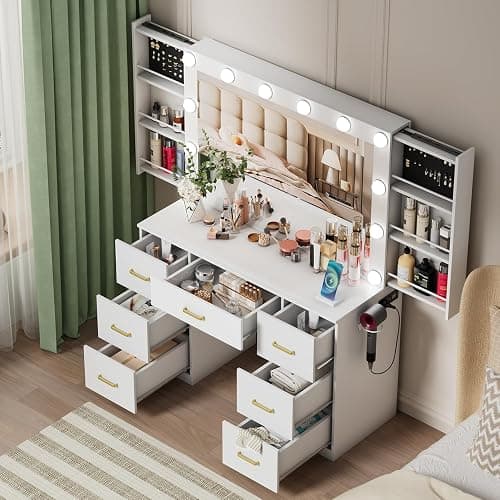FURNJOYLIFE White Makeup Vanity Desk with Lighted Mirror & Power Outlet,3 Color Modes, Brightness Adjustable,Vanity Table with Drawer,Sliding 2 Storage Wall-Mounted Jewelry thumbnail 4