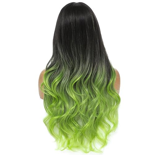 iluadme Black And Green Wig Highlight Sythetic Long Wavy Wig 26" Skunk Stripe Wigs For Women Daily Party Used Middle Part Cosplay（#OTgreen） thumbnail 7