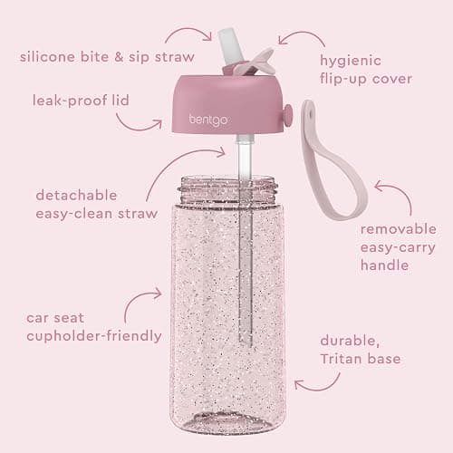 Bentgo Kids Water Bottle - Leak-Proof, Durable Tritan, BPA-Free 15 oz. Cup for Kids/Toddlers Ages 3+, Bite & Sip Spout, Carrying Handle, & Dishwasher Safe for School (Glitter Edition - Petal Pink) thumbnail 7