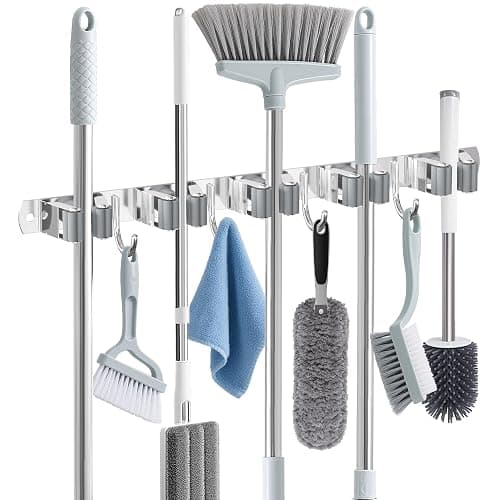 Broom Holder Wall Mount, Broom Organizer Wall Mount Stainless Steel Broom and Mop Hanger Heavy Duty Storage Organization for Home Kitchen Garden Garage Room 5 Racks 4 Hooks - Image 1