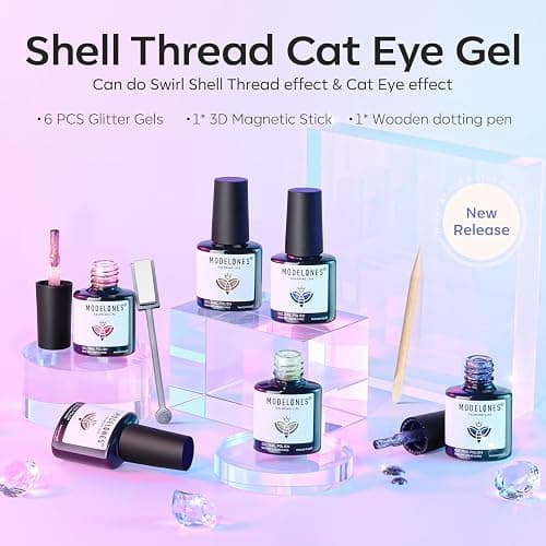 modelones Cat Eye Gel Nail Polish, 6 Colors Pearl Magnetic Swirl Shell Set | Purple Pink Blue Nude Green Glitter Cateye Gel Polish Kit with Magnet, Iridescent Mermaid Thread, DIY Manicure Gift for Women thumbnail 6