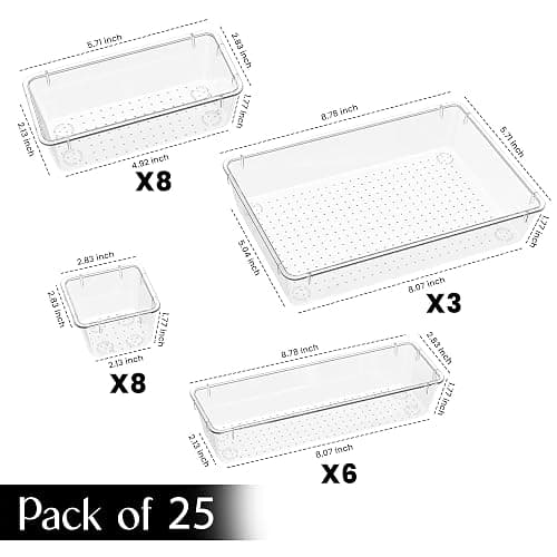 KICHLY Pack of 25 Clear 4 Sizes Makeup Drawer Organiser set, Acrylic Organization Plastic Storage Organiser tray for Bathroom, Vanity, Office Desk, kitchen, Bedroom thumbnail 8