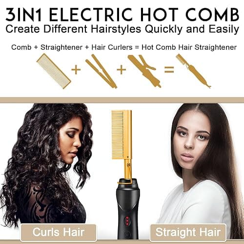 NICEMOVIC Ceramic Heating Hair Straightener Comb - Hot Pressing Brush for Natural Black Hair, Beard Wigs, and Curling (Gold) thumbnail 4