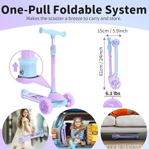 BELEEV A9 Kids Scooter with LED Light-Up Wheels & Deck, 3 Wheel Folding Scooter for Toddlers Girls Boys Ages 3-12, Adjustable Handlebar, Lean to Steer, Extra-Wide Wheels, Kick Scooter for Children thumbnail 6