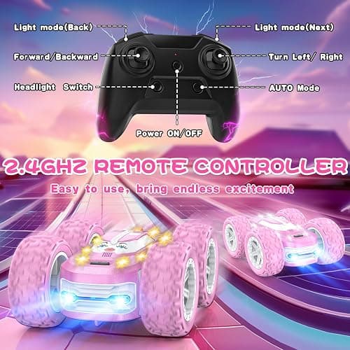 Pink Remote Control Car for Girls, RC Cars for Kids with DIY Sticker & Colored Lights, 2.4Ghz Double Sided 360° Flips 4WD Stunt Car, Rechargeable Toy Cars for Girl Ages 4-6 5-7 6-8 8-12 Birthday Gift thumbnail 5