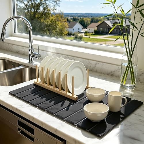 Stone Dish Drying Mat for Kitchen - Diatomaceous Earth Drying Mats | Grey Color, Quick Dry Counter Mats, Foldable Design, Super Absorbent, (24"×16"/ 8"x4" / 1 Drain Rack) , for Dishes Cups - Image 1