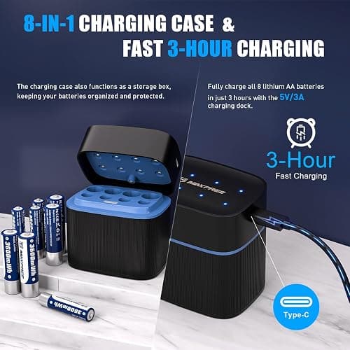 Maxfree Rechargeable 4 AAA and 4 AA Batteries Lithium with Charger, 8-Pack 1.5V Long Lasting Triple A Double A Batteries with LED Display – Fast Charging for Blink Outdoor Cameras, Toys & Remotes thumbnail 6