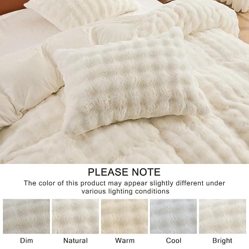 EMME Faux Fur Duvet Cover King Size, 3 Pieces Ultra Soft Fluffy Comforter Cover, Cozy Warm for Winter, Luxury Elegant Shaggy Bubble Design Bedding, 1 Duvet Cover & 2 Pillow Shams (King, Cream White) thumbnail 6