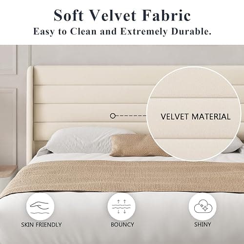 Queen Bed Frame with Upholstered Headboard, Velvet Platform Bedframe Mattress Foundation, Strong Wood Slat Support, No Box Spring Needed, Easy Assembly, Pale Beige thumbnail 5