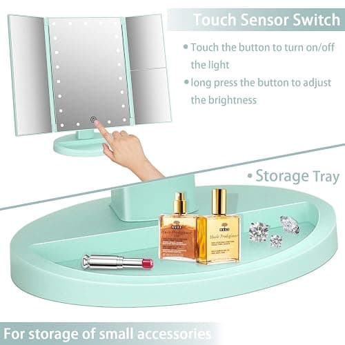 deweisn Tri-Fold Lighted Vanity Tabletop Mount Mirror with 21 LED Lights, Touch Screen and 3X/2X/1X Magnification, Two Power Supply Mode Make up Mirror,Travel Mirror thumbnail 5