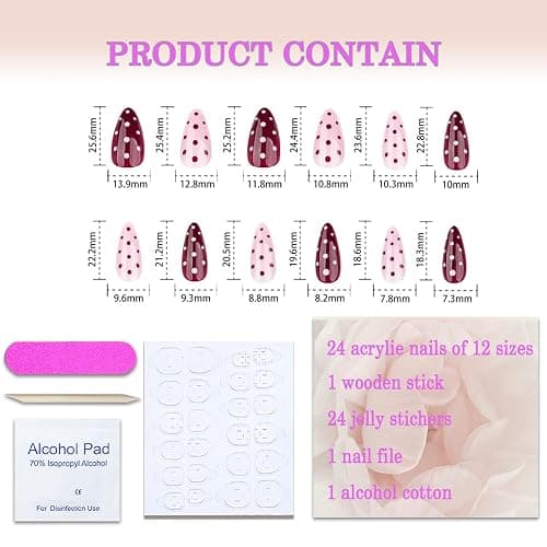 Cute Polka Dot Press on Nails Almond Medium Pink Red Fake Nails with Designs Gel Artificial Nails Press Ons Gel Acrylic Glue on Nails Medium Length Full Cover Stick on Nails for Women 24Pcs thumbnail 4