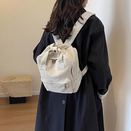 Makukke Small Corduroy Backpack Purse for Women - Vintage Mini Fashion Casual Aesthetic Backpack, Beige thumbnail 2