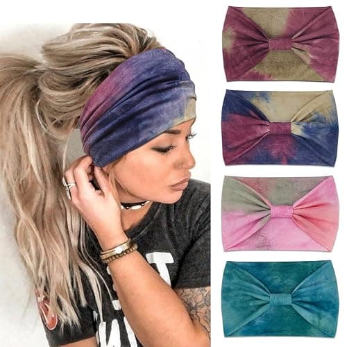 YONUF Wide Boho Headbands for Women Fashion Knotted Headband Yoga Workout Hair Accessories African Head Wrap Red Tie Dye 4 Pack - Image 1