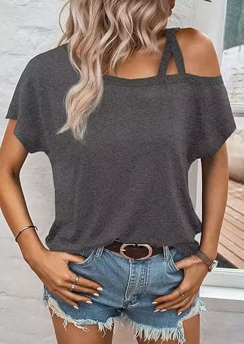 VKEGNIO Criss-Cross One Shoulder Tops Sexy Cold Shoulder Shirts Summer Short Sleeve T-Shirts Vacation Loose Casual Tees - Large - Grey thumbnail 3