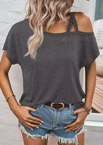 VKEGNIO Criss-Cross One Shoulder Tops Sexy Cold Shoulder Shirts Summer Short Sleeve T-Shirts Vacation Loose Casual Tees - Large - Grey thumbnail 3