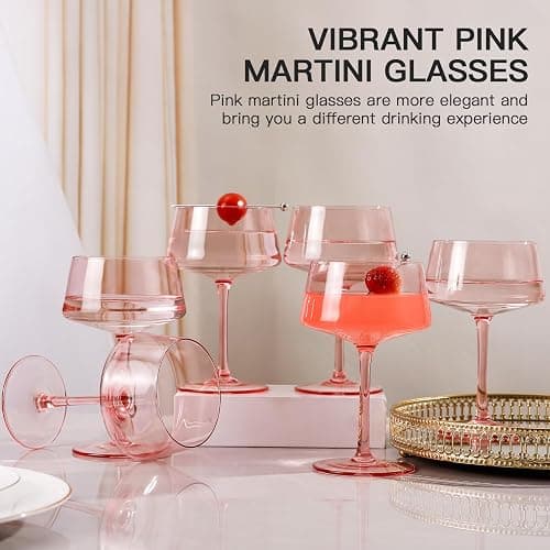 JOVGANK Pink Coupe Glasses Set of 6, Hand Blown Pink Martini Glasses 13Oz, Champagne & Cocktail Luxury Glasses, Bar Manhattan and New Year Martini Glass, Christmas gifts for Ice Cream Dessert thumbnail 7