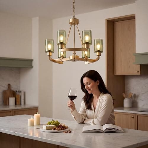 Virelite Modern Gold Chandelier 6-Light - 24" Olive Green Fluted Glass Pendant Light, High-End Brass Hanging Ceiling Fixture for Dining Room, Kitchen Island, Living Room thumbnail 4