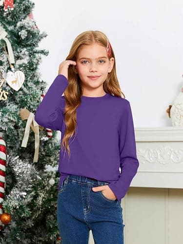 Haloumoning Girls Long Sleeve T Shirts Kids Fall Tops 5-14 Years | Crewneck, Basic Tees,Solid Color,Fashion Clothes thumbnail 7