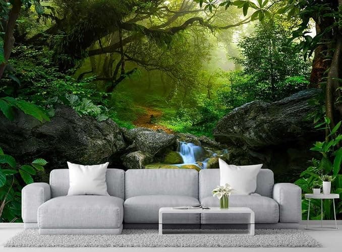 Wmjurel Primitive Forest Waterfall Wallpaper, Modern Large Background Wall Mural for Living Room and Plant Room(Non-self-Adhesive) thumbnail 3