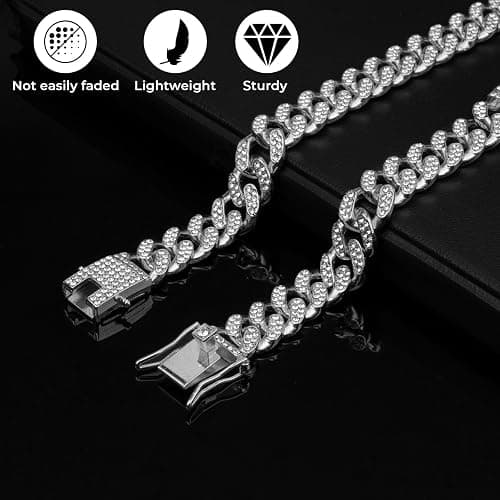 Dog Chain Collar Silver Dog Necklace Diamond Cuban Link Dog Collar 13mm Wide Metal Pet Cat Dog Chain Crystal Collar Jewelry Accessories for Large Medium Small Dogs Cats(Silver,10 Inch) thumbnail 6