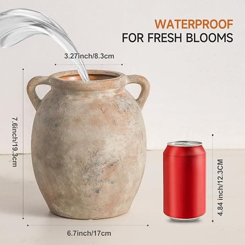 Dobbyby Ceramic Flower Vase 7.6 inch Farmhouse Rustic Vase Decorative Pottery Terracotta Vases for Home Decor Table Mantle Fireplace Living Room Bathroom Wedding Centerpiece (Whitewashed) thumbnail 2