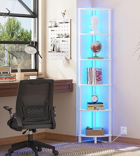 VIMBER Corners Shelf with LED Light, 6-Tier Corner Bookshelf, Industrial Corner-Ladder Shelf, Modern Display Shelf for Living Room, Bedroom, Kitchen, Home Office, Sturdy Frame, White UJSJ002W thumbnail 4