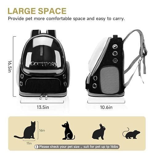 Cawypety Cat Backpack Carrier, Breathable Cat Carrier Large Space Bubble Pet Backpack for Kitty Small Dog up to 12lbs, Transparent & Foldable Pet Carrier for Travel Hiking (Black thumbnail 7