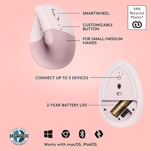 Logitech Lift Vertical Ergonomic Mouse, Wireless, Bluetooth or Logi Bolt USB receiver, Quiet clicks, 4 buttons, compatible with Windows/macOS/iPadOS, Laptop, PC - Rose thumbnail 6