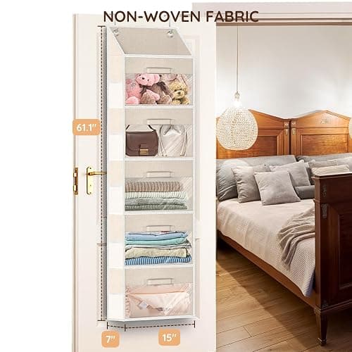 Ofiray-home Hanging Yarn Storage Organizer with 5 Drawers, Over the Door Large Capacity Knitting Organizer Storage&10 Mesh Side Pockets, Hanging Yarn Holder for Knitting Needles, Crochet Hooks- Beige thumbnail 2