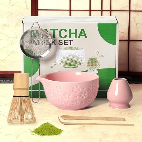 Matcha Whisk Tea Set Kit: Japanese Matcha Kit - Ceramic Bowl Bamboo Whisk Chasen Holder spoon Measuring Scoop Sifter - Traditional Practical for Tea Ceremony Breakfast Lattes - Home Kitchen Christmas thumbnail 9