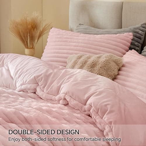 BEDELITE Fleece Queen Comforter Set -Super Soft & Warm Fluffy Pink Bedding, Luxury Fuzzy Heavy Bed Set for Winter with 2 Pillow Cases thumbnail 4