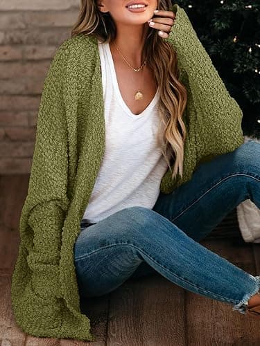 Saodimallsu Women's Chunky Popcorn Cardigan Oversized Open Front Boyfriend Batwing Long Sleeve Fuzzy Knit Sweaters thumbnail 2