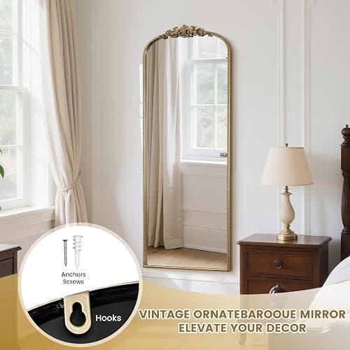 WallBeyond Arched Full Length Mirror Wall Mounted, 21x56 Inch Gold Antique Mirror, Vintage Metal Frame Full Body Mirro for Bedroom, Living Room, Hanging or Leaning thumbnail 7