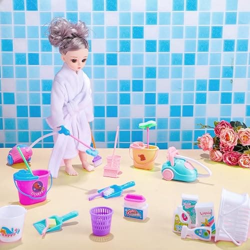 22 Pieces Miniature Bucket Doll Housework Cleaning Supplies Mini Dollhouse Accessories Mop Dustpan, Brush, Broom, Bucket Dollhouse Furniture Decoration Accessories for Dolls Pretend Play, Random Color thumbnail 2