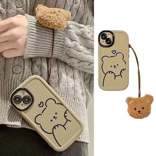 Cute Brown Teddy Bear Pattern Phone Case with Kawaii 3D Cartoon Bear Hangings iPhone 15, Non-Slip Design and Shock Absorption, Phone Case for Teen Girls, Boys, Women and Men(iPhone - 15) thumbnail 5