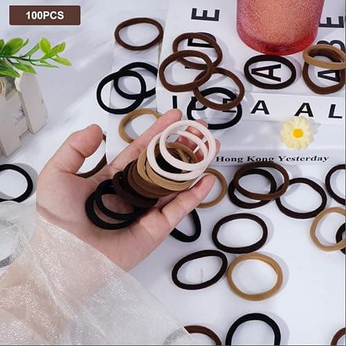 Pimoys 100 Pcs Elastic Hair Ties, Thick Seamless Hair Bands No Damage Soft Ponytail Holders Hair Accessories for Girls Women, Neutral thumbnail 7