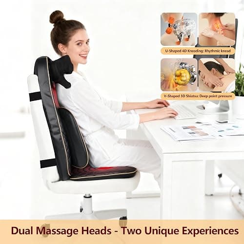 Neck and Back Massager with Heat, Shiatsu Full Back Chair Massager with 2 Detachable Neck Massage Heads, Height Adjustable Deep Kneading & Rolling Back Massage, Seat Vibration for Home Office Gifts thumbnail 4