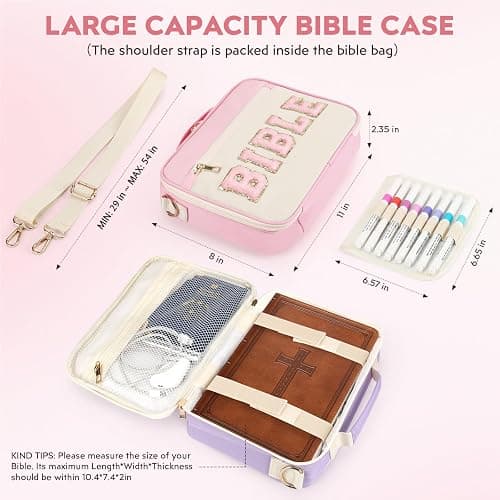 Bible Cover Case for Women Grils, Preppy Bible Bag with Adjustable Shoulder Strap, Waterproof Bible Carrying Tote Bags Holder for Bible Study Supplies Accessories & Christian Gifts (Light Pink) thumbnail 6