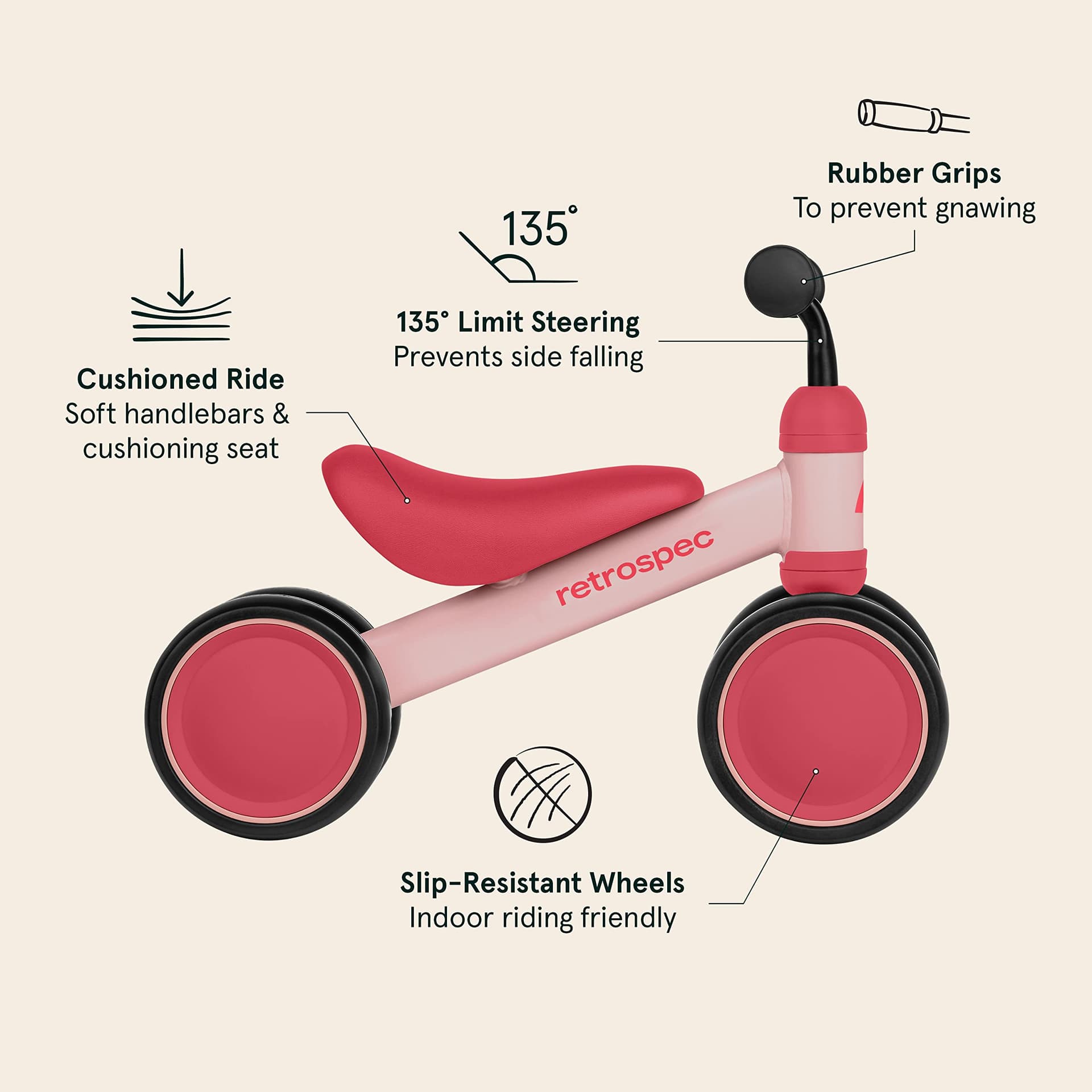 Retrospec Cricket Baby Walker Balance Bike with 4 Wheels for Ages 12-24 Months - Toddler Bicycle Toy for 1 Year Old’s - Ride On Toys for Boys and Girls - One Size - Blush thumbnail 4