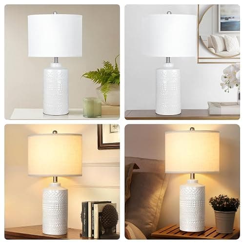 JUNNAI 24.5" White Ceramic Table Lamp 3-Way Dimmable Nightstand with White Linen Shade Bedside Lamp for Bedrooms & Living Room Office Reading(Bulb Included) thumbnail 6