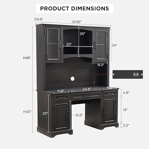 JXQTLINGMU Farmhouse 76" Height Computer Desk with Hutch, Office Desk with Charging Station, Drawers and Storage Cabinet, Workstation for Office Home, Black thumbnail 2