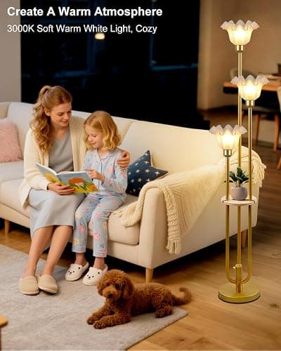 Lightdot Flower Floor Lamp for Living Room, Dimmable Vintage Floor Lamp with Shelf& Bulbs Included, 3 Light Warmwhite Mid Century Gold Floral Standing Tall Lamp for Bedroom/Sofa Beside/Corner Decor thumbnail 6